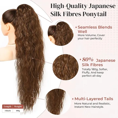 Vista 2 de LONAI Extensión de cola de caballo, extensiones de cola de caballo de 34" de largo ondulado con cordón, DP001 Extensiones de cabello sintéticas