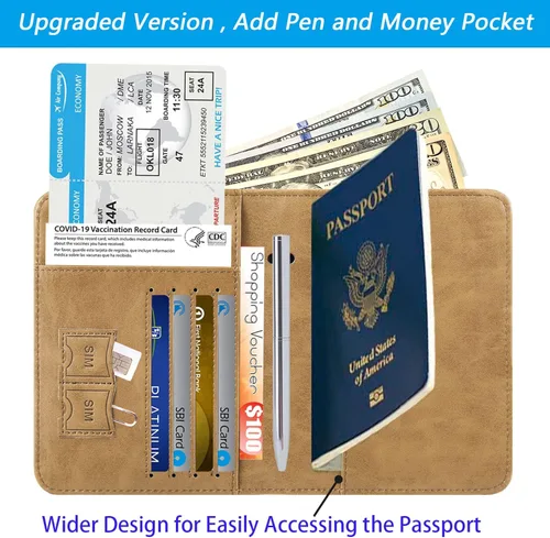 Vista 2 de Funda para pasaporte con bloqueo RFID de piel, organizador de documentos de viaje