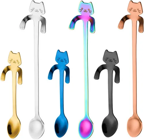 Cuchara de café para gatos, taza colgante de acero inoxidable, cuchara de té de dos longitudes diferentes, cuchara de postre para revolver bebidas,