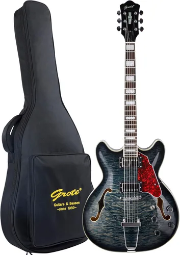 Guitarra eléctrica de jazz GROTE de cuerpo semihueco con puente de cola de trapecio y bolsa para conciertos (Negro02)