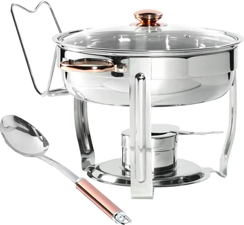 Denmark Tools for Cooks Celebrations Cookware Collection - Juego de 8 platos redondos de acero inoxidable de 4 cuartos de galón con tapa de vidrio de Tabletops Unlimited