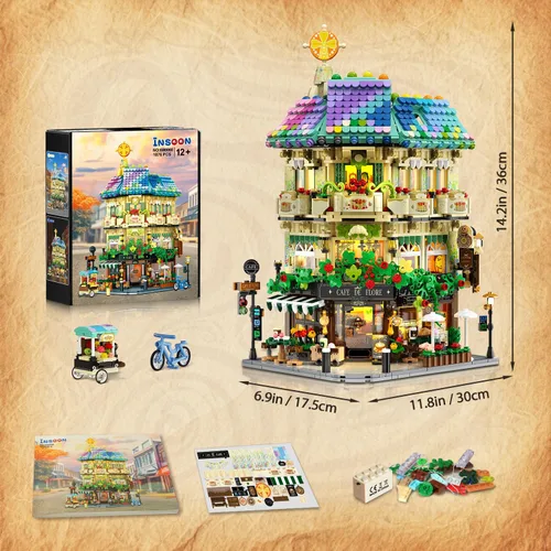 Vista 9 de INSOON Juego de Construcción de Casa Flower Cafe con Luces, 1876 Piezas Modelo de Construcción de Tienda de Esquina de Calle de la Ciudad, Kit