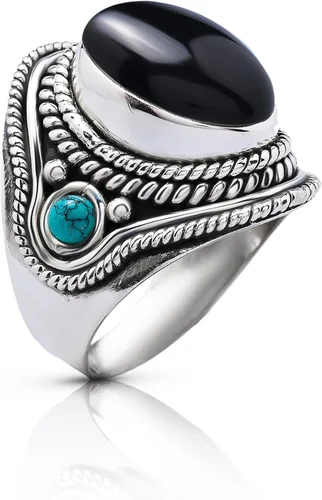 Vista 2 de Anillo ovalado de plata de ley 925 con piedras sintéticas de ónix negro y turquesa Joyería chic BOHO Moda y elegante para niñas y mujeres