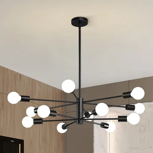 Vista 22 de KAISITE - Candelabro Moderno Sputnik - Candelabro de 6 Luces con Ajuste de Altura, Acabado en Negro y Oro para Cocina, Dormitorio y Vestíbulo