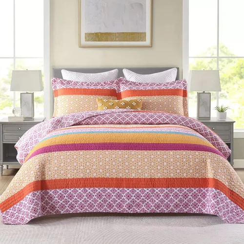 Vista 8 de SahSahCasa Juego de edredón de tamaño Queen, juego de colcha de tamaño Queen, 100% algodón, colchas florales, juego de ropa de cama acolchada