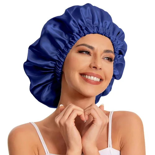 Vista 9 de Gorro de satén de seda para dormir, gorro de satén para dormir, gorro de satén para dormir para cabello natural y rizado (negro y verde negruzco)