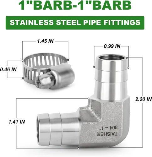 Vista 2 de TAISHER 1 PIEZA Accesorio de Manguera Codo de Acero Inoxidable 304 de 90 Grados - Púa de 1" x Púa de 1" para Combustible/Aire/Líquido/Gas con 2