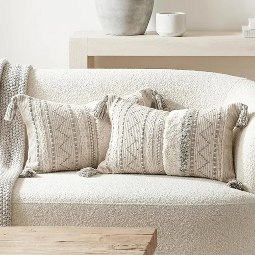 Vista 12 de BlissBlush Funda Decorativa de Almohada Lumbar de 12x20 Juego Combinado de 2 Color Crema Blanco Neutro Rectangular Estilo Bohemio Funda de Almohada