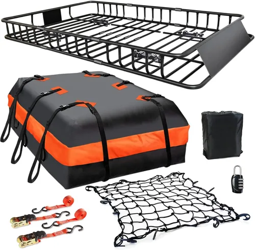 Vista 12 de MeeFar Cesta de portaequipajes universal para techo de 51" X 36" X 5" + Bolsa impermeable de 15 pies cúbicos (44" 34" 17"), y red de carga