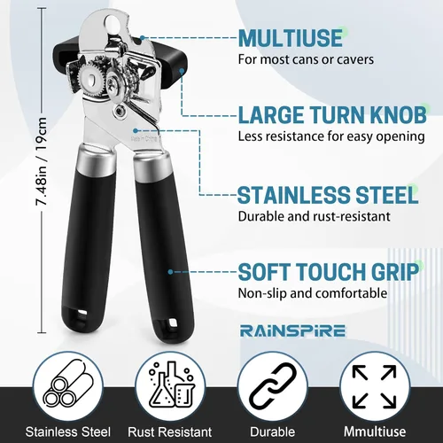 Vista 3 de Rainspire Abrelatas manual mejorado con abridor de botellas corte de borde liso, abrelatas resistente, mango suave cómodo, abrebotellas integrado