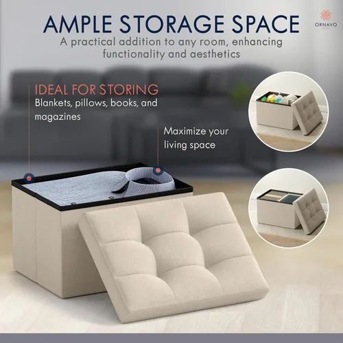 Vista 3 de Ornavo Home Otomana de almacenamiento pequeño, plegable, rectangular, de lino, otomana, para sala de estar, dormitorio, oficina en casa, dormitorio