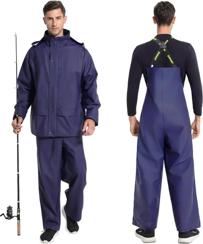 Vista 6 de Men's Pro Workwear Rain Suit 3-Piece Waterproof Jacket with Zip Hood & Bib Pant Heavy-Duty PU for Industrial & Work