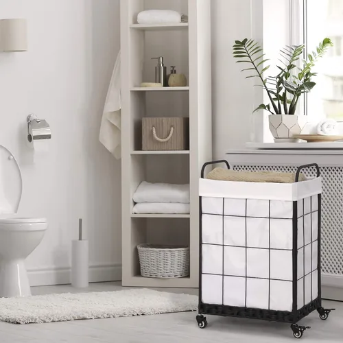 Vista 9 de Cesta de lavandería resistente con ruedas enrollables con cerradura, cesta de lavandería duradera y plegable con bolsa extraíble y asa de metal