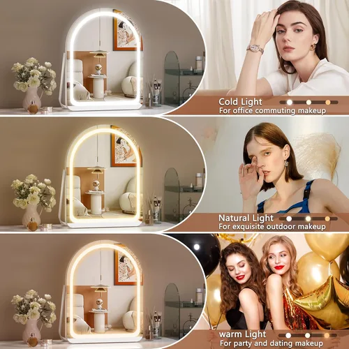 Vista 2 de Hasipu Espejo de tocador con luces, espejo de maquillaje LED arqueado de 11 x 14 pulgadas, espejo de maquillaje iluminado con luces, control táctil