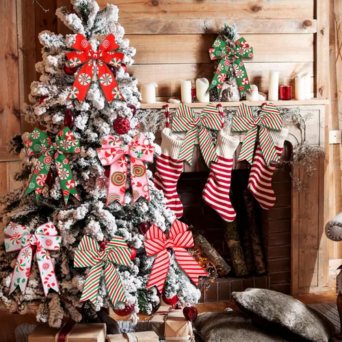 Vista 5 de Yingzhao 6 rollos de 30 yardas de caramelo de Navidad de menta con borde con alambre de arpillera rojo y verde de bastón de caramelo, cinta