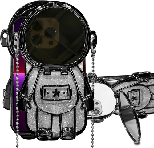 Funda de astronauta compatible con iPhone 14 Pro Max con soporte, espejo, correa de hombro con cordón, espejo de papel con purpurina desmontable