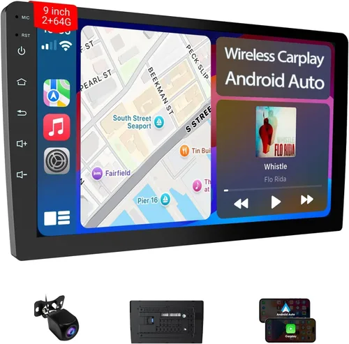 Haudio Estéreo de coche de 9" con doble DIN - Radio de coche inalámbrico compatible con Apple CarPlay y Android Auto, radio de coche con pantalla