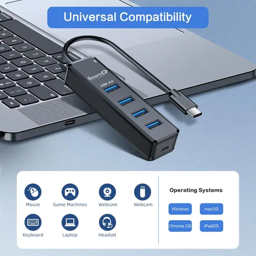 Vista 6 de SmartQ Hub USB C de 4 puertos, concentrador USB con 4 puertos USB 3.0, divisor tipo C alimentado para laptop, MacBook Pro, iMac, iPad Pro