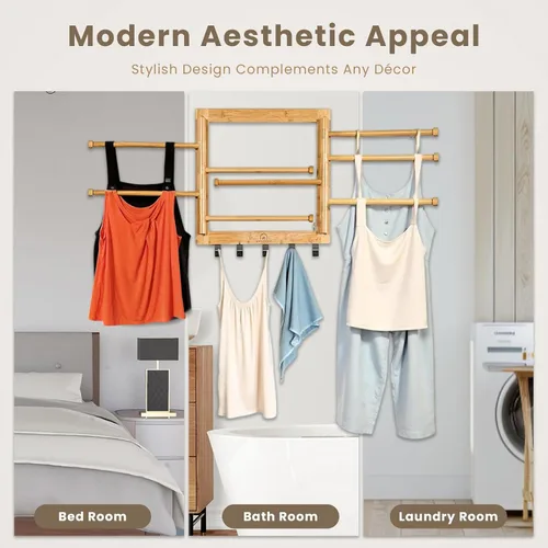 Vista 4 de Estante de secado de bambú para montaje en pared para lavandería, secadora de ropa plegable con 8 brazos y 5 ganchos, ahorro de espacio, 20 Natural
