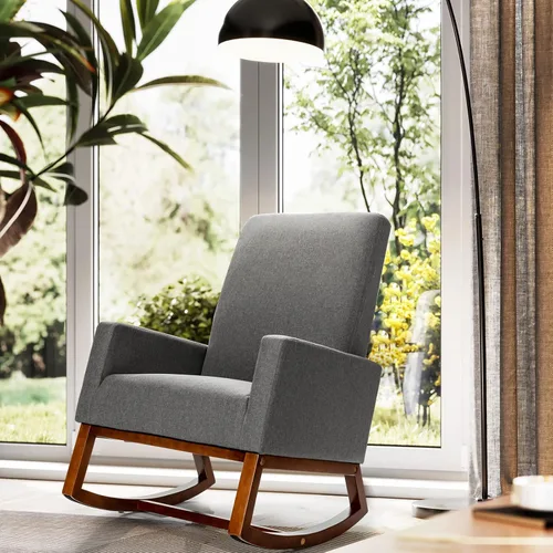 Vista 9 de Giantex Mecedora tapizada, sillón moderno de tela con base de madera, bolsillo lateral, asiento acolchado de lino, silla mecedora con respaldo alto