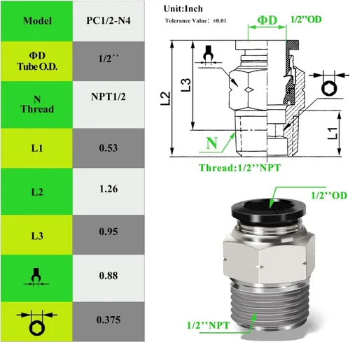 Vista 2 de Tubo neumático macho recto de 1/2 pulgada OD x 1/2 pulgada NPT Push para conectar accesorios modo PC1/2xN04 (paquete de 2)