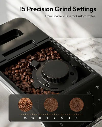 Vista 6 de EUHOMY Máquina de café espresso totalmente automática, cafetera de 20 barras con molinillo y espumador de leche integrado, máquina de café