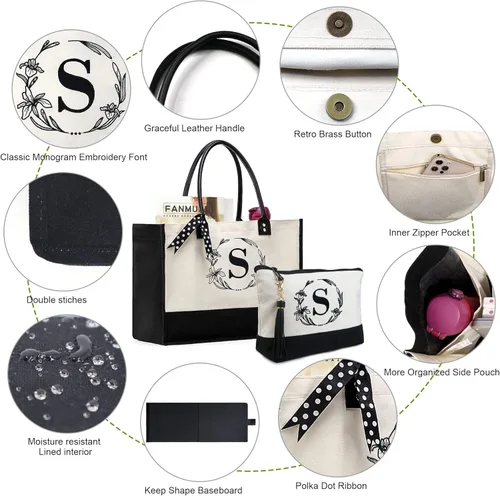 Vista 3 de BeeGreen Bolsas de lona con iniciales, regalo de cumpleaños personalizado para mujer, monograma bordado con mango de cuero