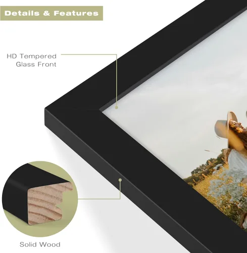 Vista 3 de Frametory, Portarretratos de madera maciza de 8.5 x 11 pulgadas, moldeado negro, parte delantera de vidrio templado, vertical, marco de galería