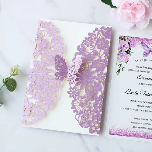 Vista 20 de Hosmsua 20 tarjetas de invitación de boda de champán con sobres de 5.12 x 7.3 pulgadas, cortadas con láser, mariposa, encaje, invitación para boda