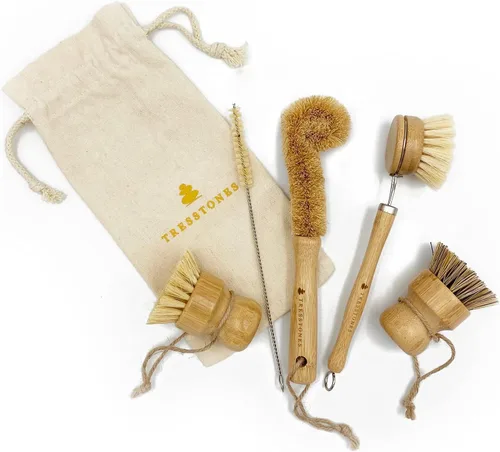 Juego de cepillos de bambú natural con soporte - Cepillo de madera ecológico para platos
