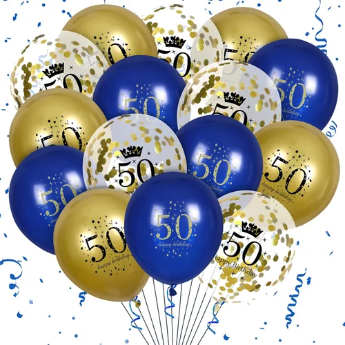 Globos de cumpleaños número 50 color azul marino y dorado, paquete de 15 unidades, confeti de látex, decoraciones de cumpleaños y aniversario para