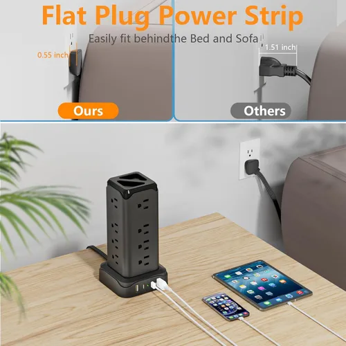 Vista 3 de PASSUS - Regletas de alimentación con protección contra sobretensiones, cable de extensión plano de 6 pies con múltiples tomas, torre de 16 tomas