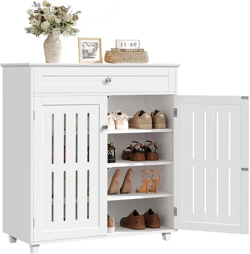 Vista 4 de Yaheetech Zapatero de 4 niveles con cajón y estantes ajustables, zapatero para entrada, pasillo, sala de estar, color negro