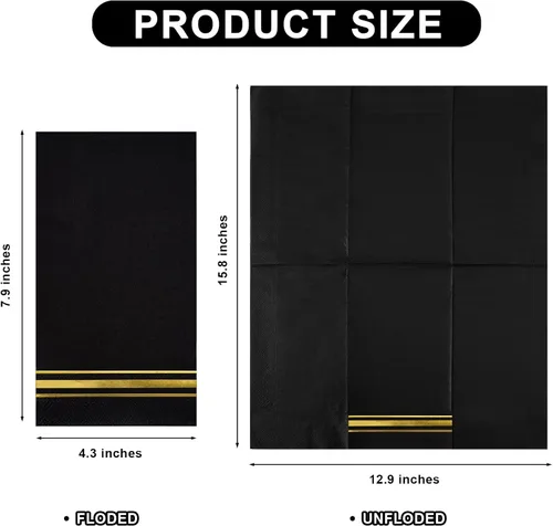 Vista 2 de 200 Servilletas de Papel con Ribete Dorado Negras Elegantes Servilletas de Cena, Servilletas de Invitados de 3 Capas con Papel Dorado Desechables