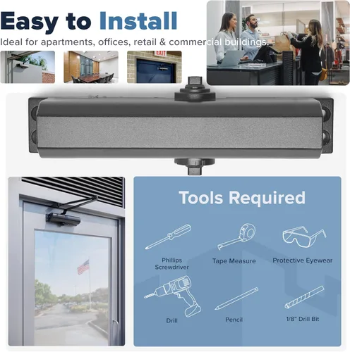 Vista 5 de Cierrapuertas comercial resistente (negro) – Cierre automático de puerta para uso comercial – Bisagra de resorte hidráulico automático de grado 1