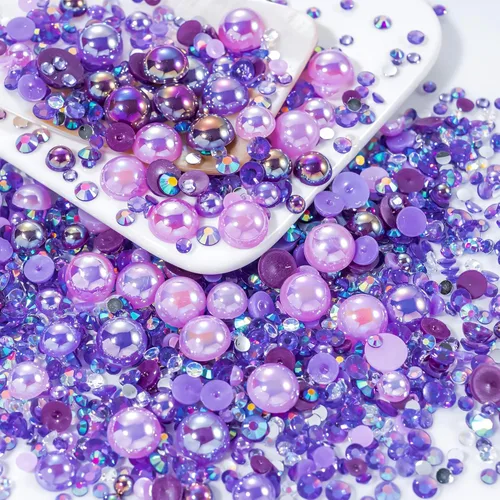 Vista 41 de 60g de perlas planas doradas con parte trasera de diamantes de imitación para manualidades, tamaño mixto de 3mm-10mm, color AB, redondas, cuentas