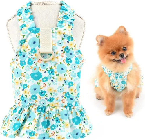 SMALLLEE_LUCKY_STORE Vestido floral de arnés para perro, lindo vestido de verano con correa para mascotas para perros pequeños, gatos y niñas con