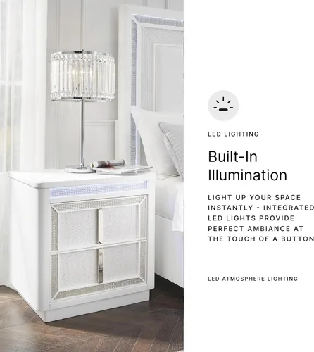 Vista 10 de Signature Design by Ashley Chalanna - Mesita de noche blanca glamorosa, iluminación LED y carga USB, moderna mesita de noche, 2 cajones