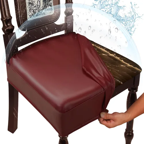 Vista 11 de Juego de 4 fundas de asiento impermeables para sillas de comedor, fundas de asiento de cocina de cuero, resistentes a las manchas, fundas elásticas