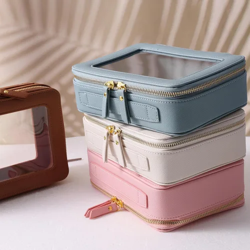 Vista 6 de SANHECUN Neceser impermeable, organizador de cosméticos con asa, abertura grande para viajar, Rosa