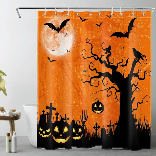 Vista 14 de LB Halloween Shower Curtain Horror Pumpkin Lights with Dead Tree Bat Crow on Blue Background Bathroom Shower Curtain Full Moon Bathroom Decor with