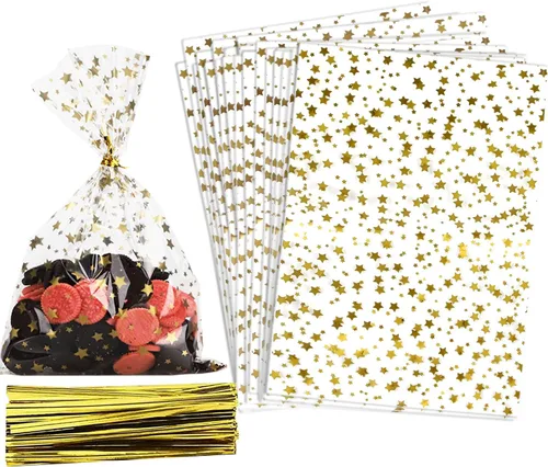 Vista 44 de COQOFA 100 piezas de bolsas de regalo con sello autoadhesivo impresas con estrellas, bolsas de celofán para envolver regalos, bolsas para sorpresas