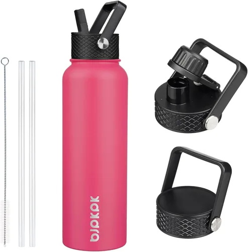 Vista 36 de BJPKPK - Botellas de agua aisladas con tapa de popote, botella de agua de acero inoxidable de 27 onzas con 3 tapas, termo de metal libre de BPA a