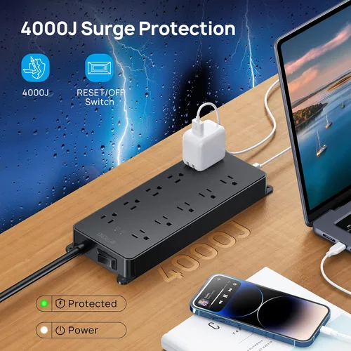 Vista 2 de TROND - Alargador de corriente con protector contra sobretensiones, 4000 J, certificado ETL, 10 salidas ampliamente espaciadas con 2 USB A y 2 USB