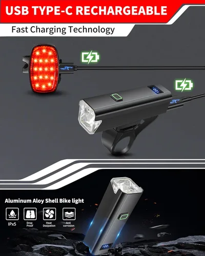 Vista 6 de DARKBEAM 6000LM Bike Headlight USB- C Rechargeable, High Lumen Super Bright Bike Light Set for Night Riding, 12+5 Modes Waterproof Bicycle Lights