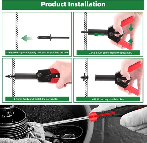 Vista 6 de Keadic Juego surtido de 46 remaches de polietileno de 4 tamaños con remachadora de plástico rápido y herramienta de extracción de clips