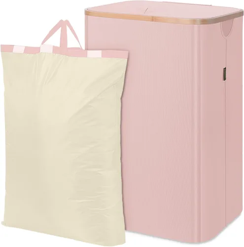 Vista 35 de BALEINE Cesta de lavandería con tapa, cestas altas para la ropa sucia con asas de bambú, contenedor grande para la ropa sucia con soporte interno