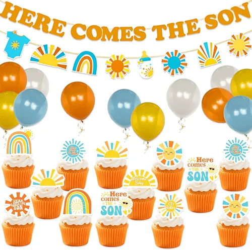 Banner de baby shower con globos para decoración de cupcakes y pasteles, Here Comes the Son Baby Shower Decor Boy Boho Retro Sunshine Party Supplies