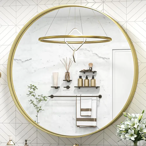 Vista 103 de TokeShimi Espejo de pared de baño de níquel cepillado de 20 x 30 pulgadas, marco de metal, esquina redonda, rectangular, para decoración del hogar