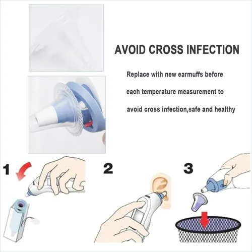 Vista 6 de 100 fundas desechables para sonda de termómetros de oído, orejeras ergonómicas suaves sin contacto, repuesto para oído, termómetro de oído, filtros